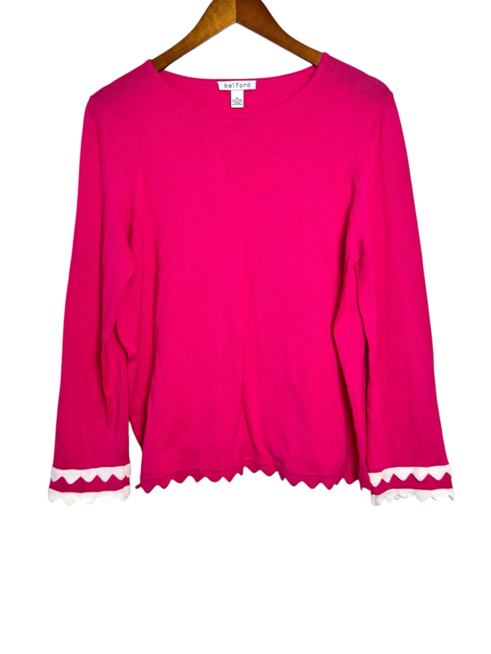 Belford Pink Long Sleeve Knit Top Scalloped Hem Cuffs Size Medium